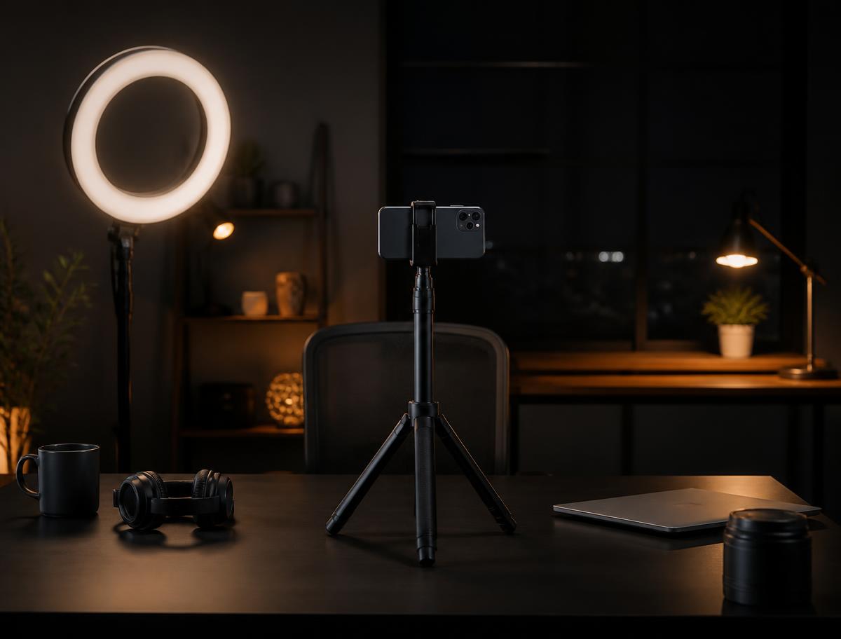 Creator filming setup with ring light in a dark studio