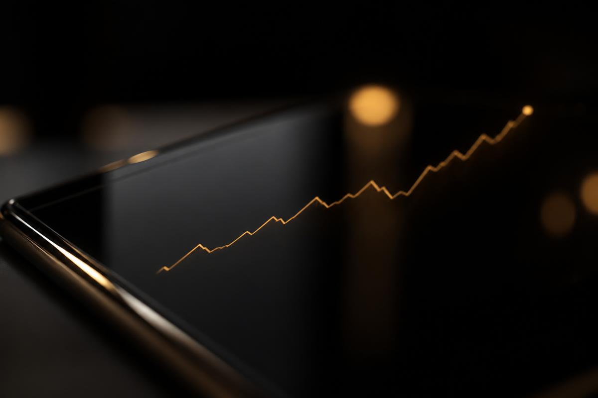 Glowing upward growth curve on a dark glass screen