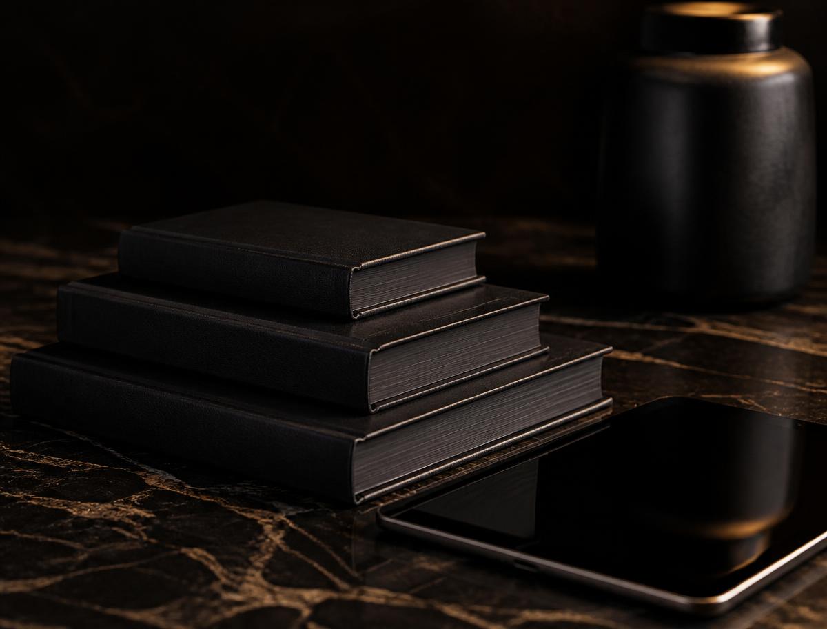 Premium black books and tablet on dark marble